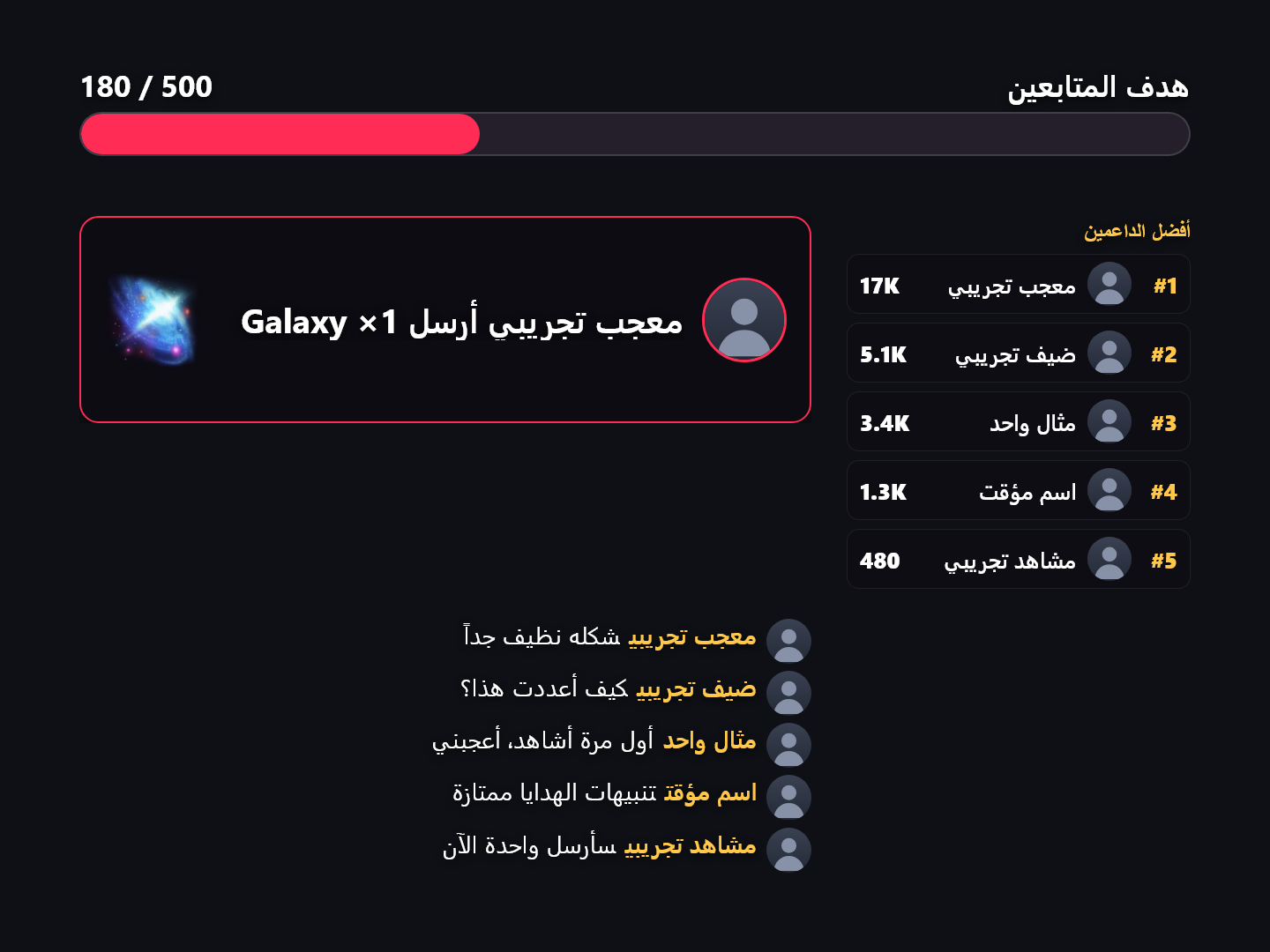 تراكب ديفاين أثناء البث: شريط هدف المتابعين، وتنبيه هدية يعرض صورة الهدية نفسها وصورة المُرسِل، ولوحة أفضل الداعمين، والتعليقات المباشرة.