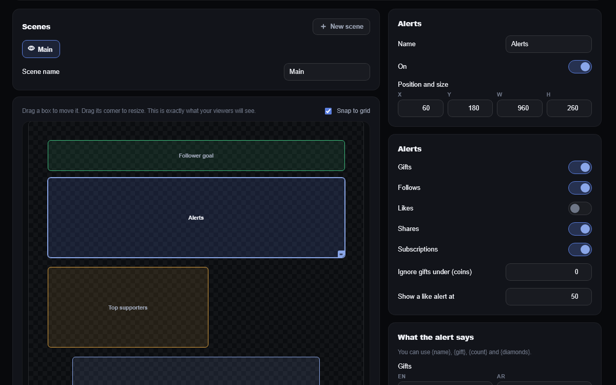 The Stream Tools scene builder: widget boxes for the follower goal, alerts and top supporters laid out on a grid, with an alerts settings panel beside it.