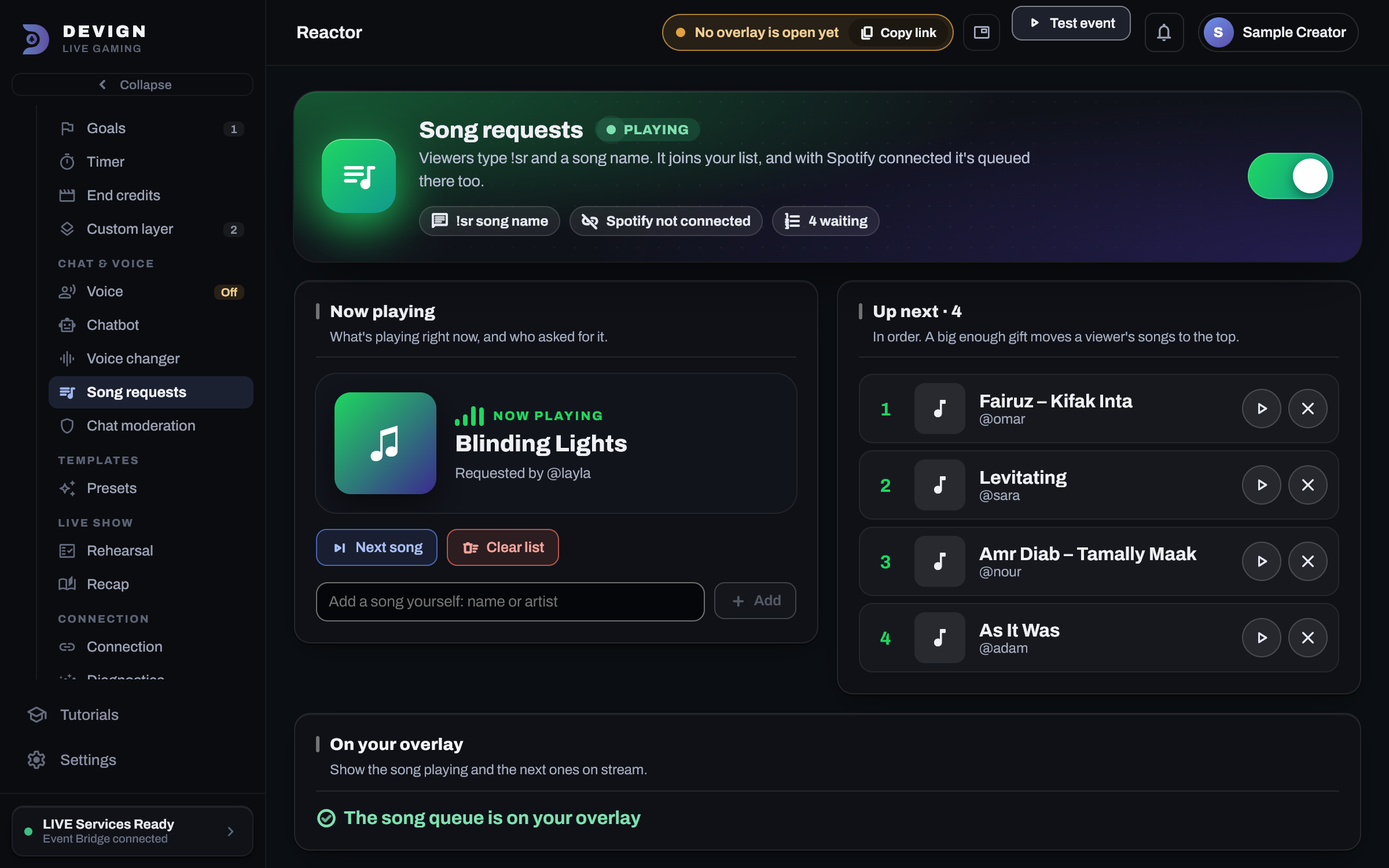 La pantalla de peticiones de Reactor: tarjeta de lo que suena con portada, la lista de lo siguiente con quién pidió cada canción y el estado de Spotify.