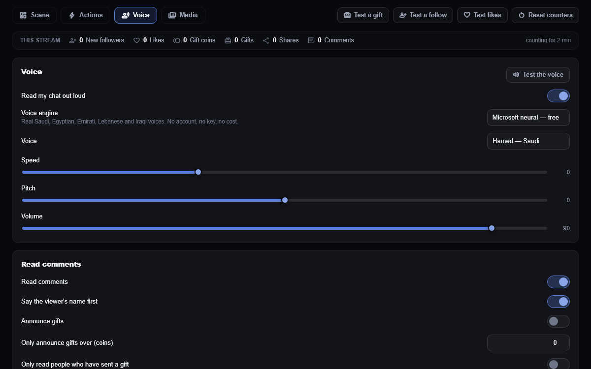 The Stream Tools voice panel: engine and voice pickers, speed, pitch and volume sliders, and switches for which events get read out loud.